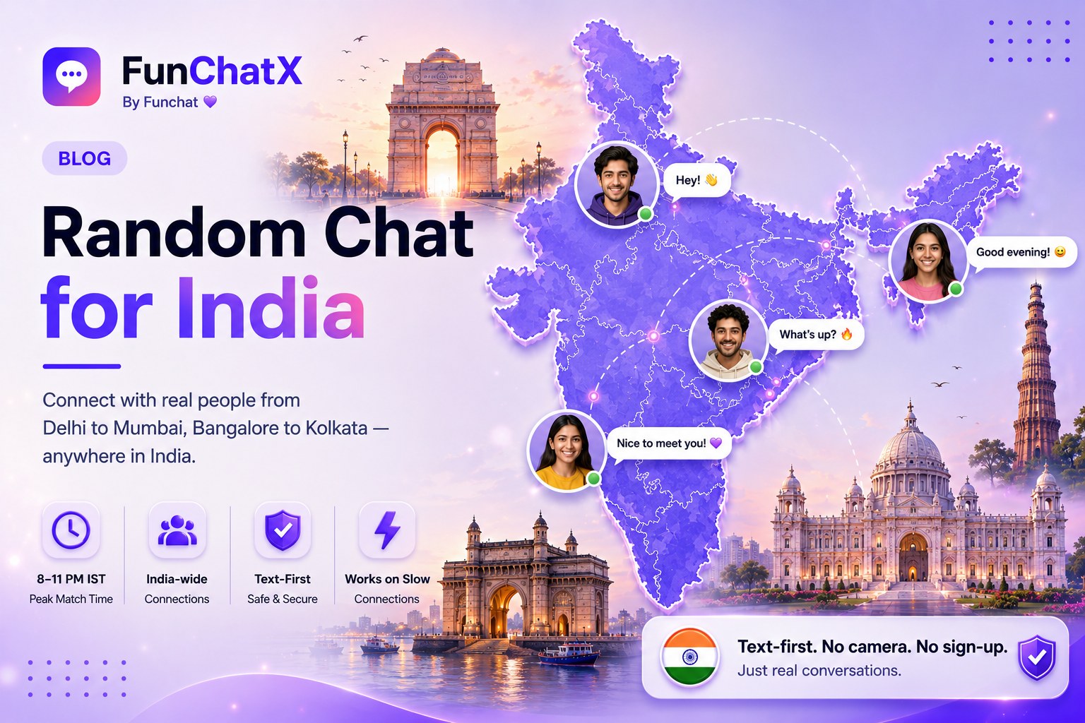 Map of India showing people chatting live from Delhi, Mumbai, Bangalore, and Kolkata on FunChatX